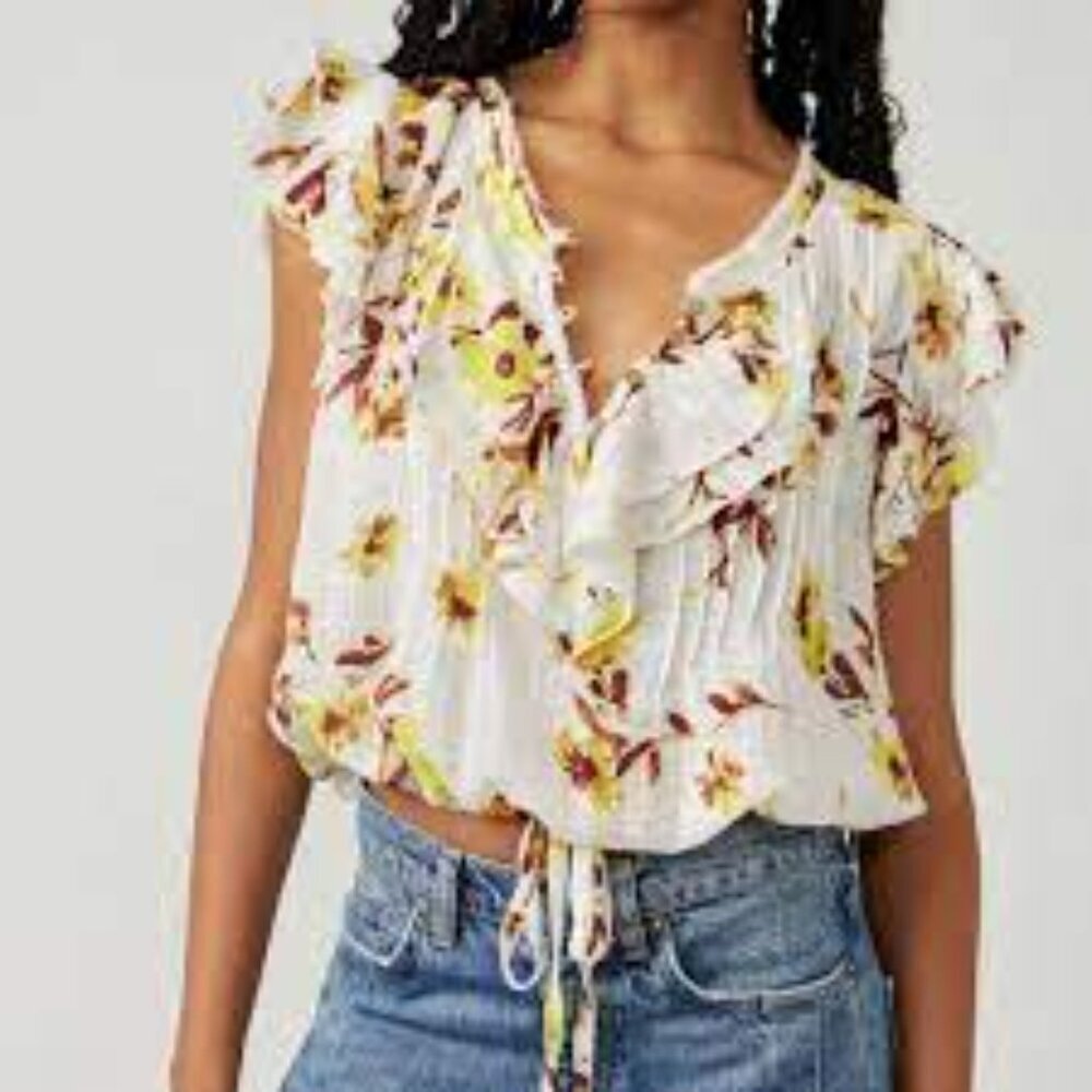 Free People White Floral Ruffle Tie-Front Blouse